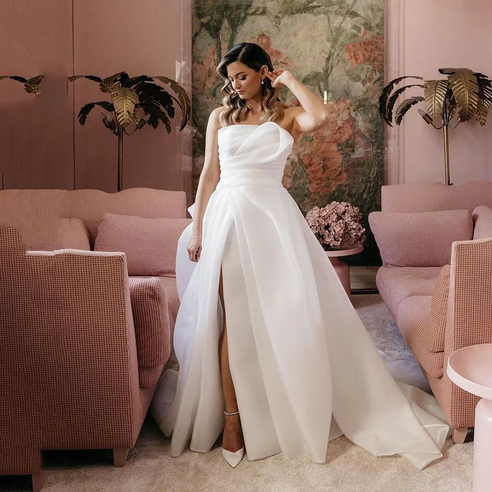 

Boho Wedding Gown Side Split Bohemian Pleat Wedding Dress Organza Bridal Gown For Women Princess Custom Made To Measure Elegant