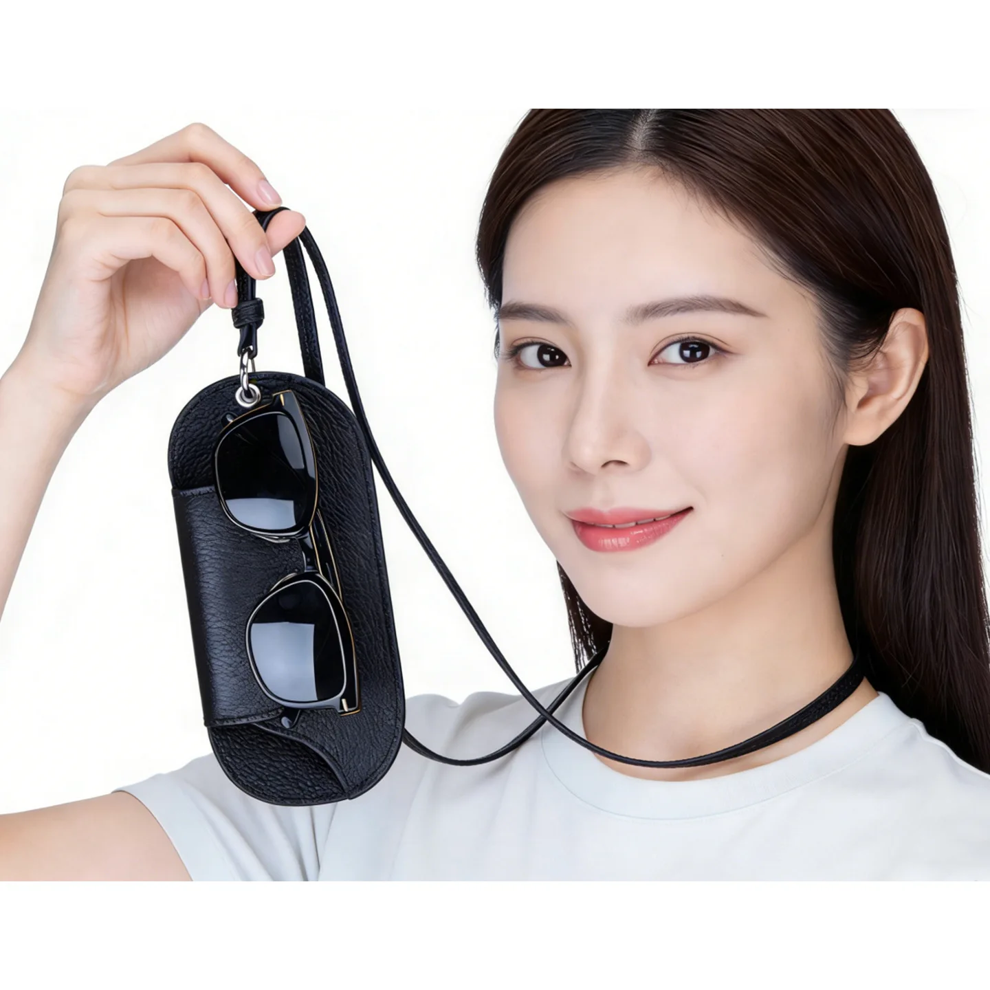 Genuine Leather Sunglasses Case With Neck Strap Magnetic Closure Portable Eyewear Protector Hanging Glasses Bag Travel Pouch