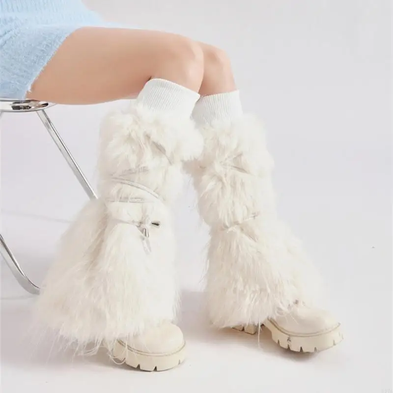 W0YA ผู้หญิง Harajuku Ribbed Cuffs Plush ขาอุ่นกับ TIES ผ้าพันคอ Furry BOOT ครอบคลุมแขนขาบานถุงเท้าไม่มีเท้า