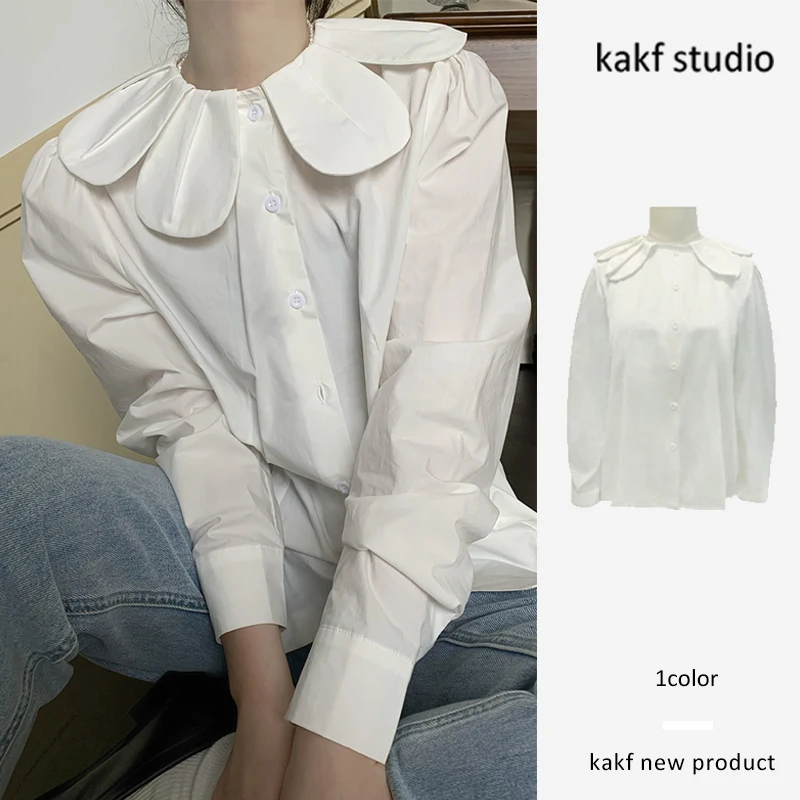 

Шикарный белый длинный кукольный воротник све, женский irt Sli Sweet Petal Design, корейский топ с пузырьками для поездок на работу, однотонный топ