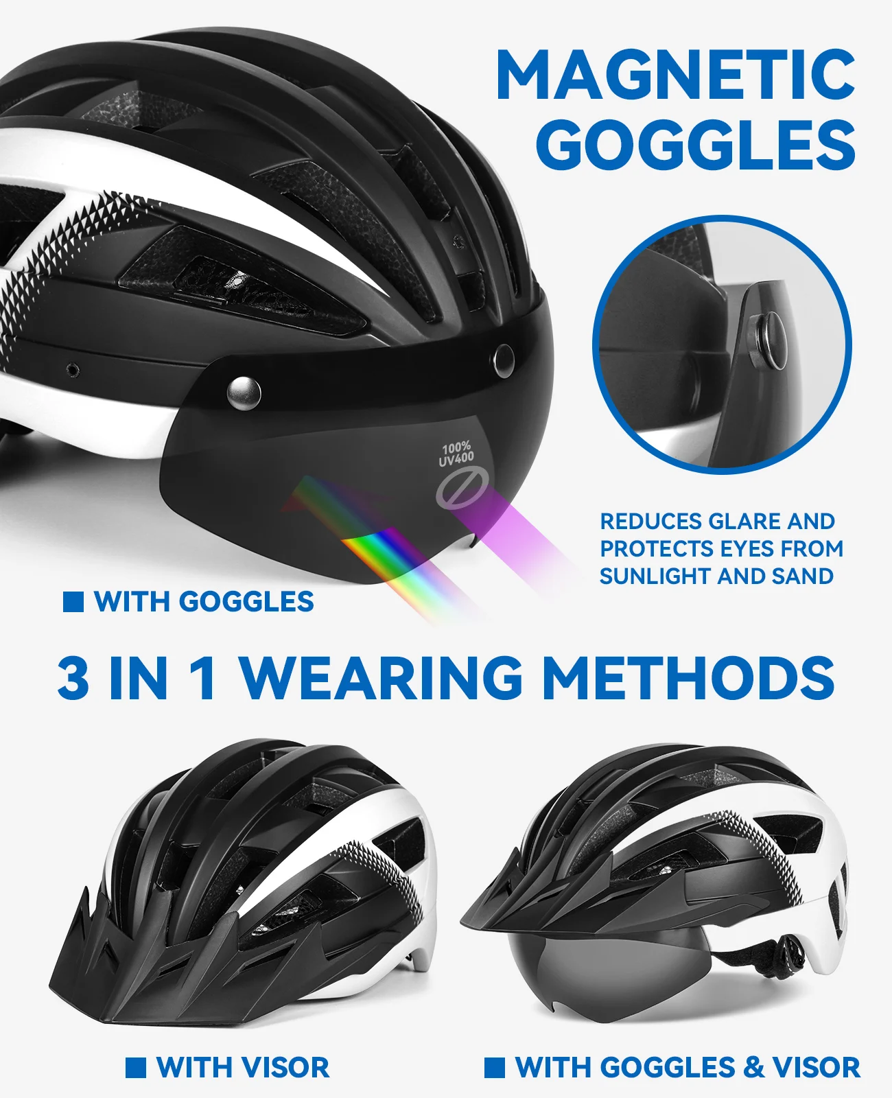 FUNWICT Bike Helmet with Goggle Visor for Men Women Adults MTB Road Bike Helmets USB Taillight Riding Scooter Bicycle Headgear Cycling Safety Helmet