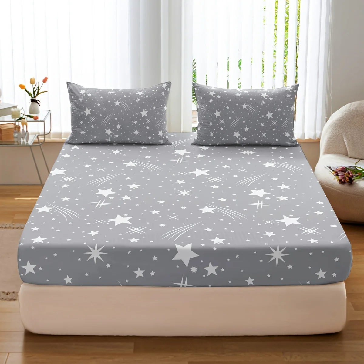 Stylish Star Pattern Fitted Sheet Set for Bedroom and Guest Room Includes 1 Fitted Sheet