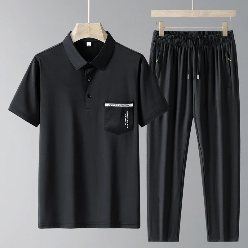 

Men's Casual Sportswear Set with Ice Silk Polo Shirt and Quick-Dry Long Pants