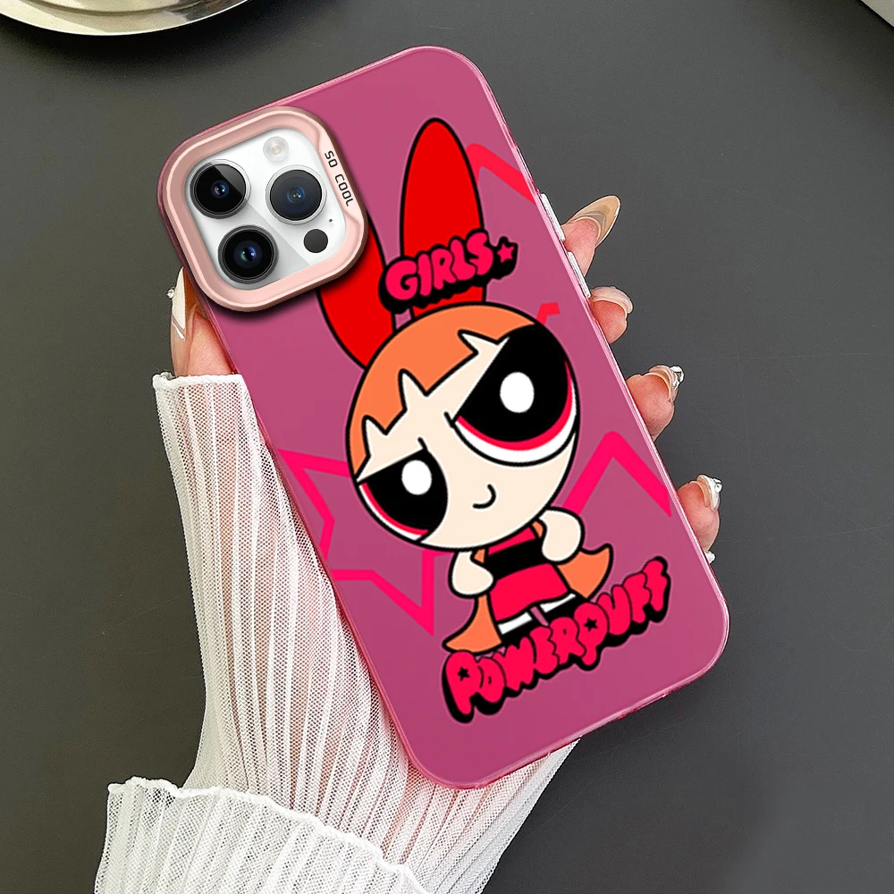 Cartoon The P-Powerpuff Girls Phone Case For iPhone 16 12 13 14 15 Pro Max Plus Electroplated Silver IMD Laser Color Shell