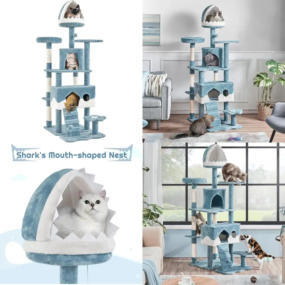 

Многоуровневая большая комнатная кошачья башня Ocean-Themed 72,5 с кроватью-акулой и 2 большими жердинами для кошек