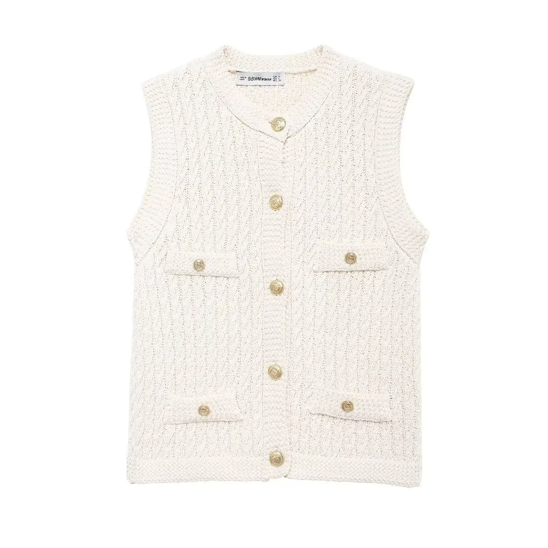 

Women's new fashion gold button decoration casual eight strand knitted vest top retro O-neck sleeveless women's vest chic top