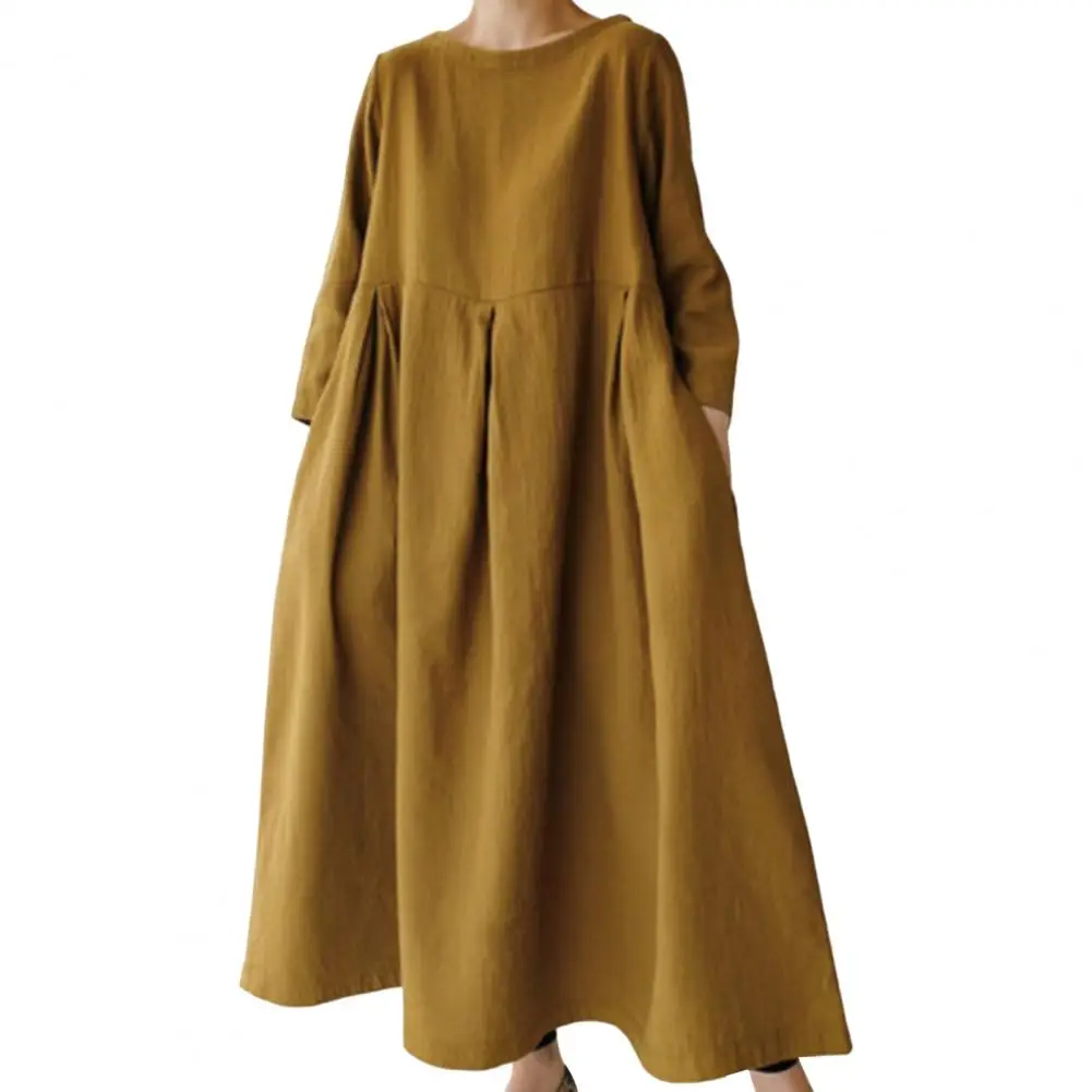 Loose Casual Cotton Linen Dresses for Women Long-sleeved Round Neck Vintage Simple Solid Colour Female Holiday Beach Long Dress