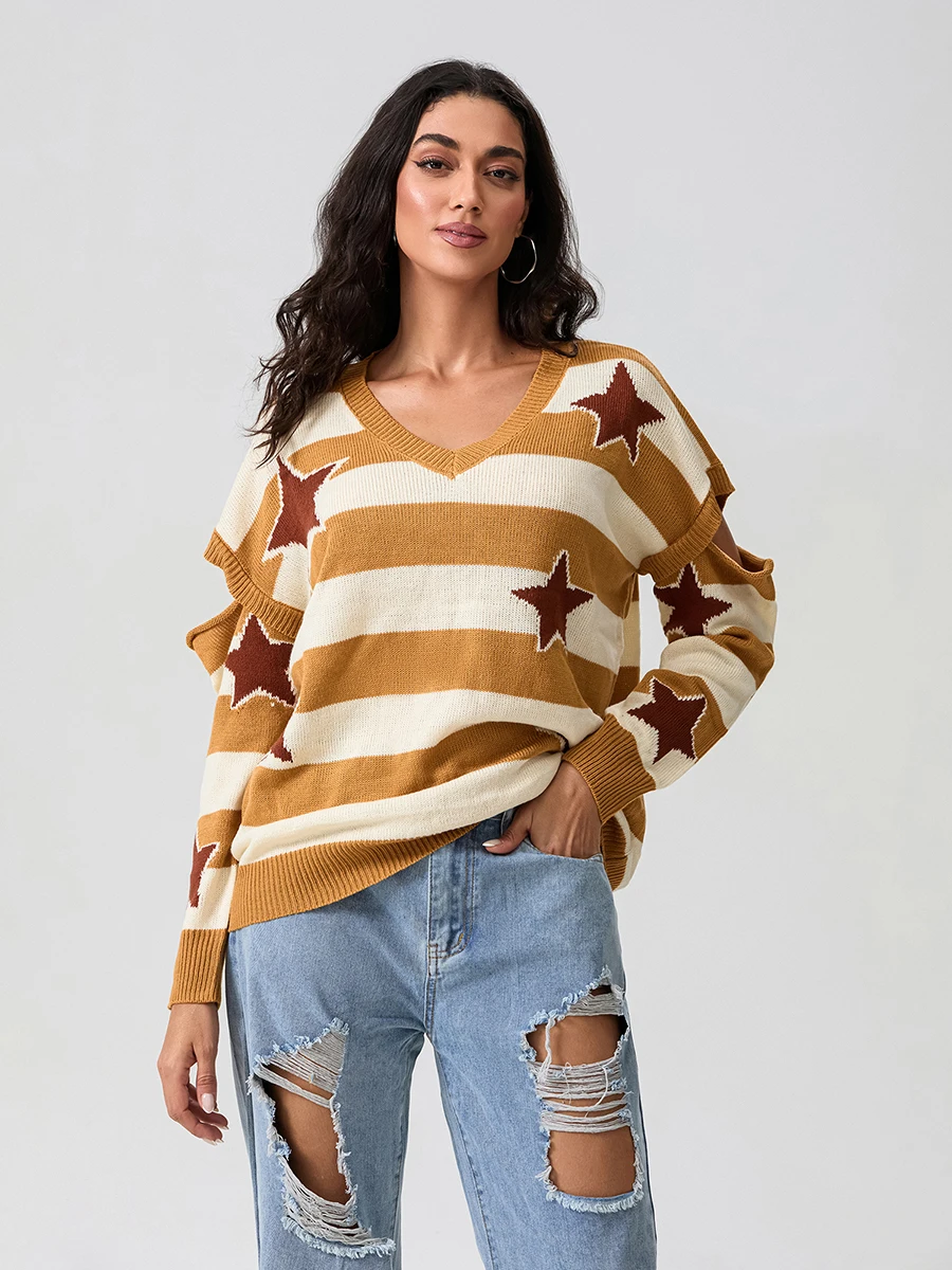wsevypo Autumn Star Print Loose Knit Sweaters Women's Long Sleeve V Neck Striped Pullover Warm Tops  for Fall Winter Knitwears image 5