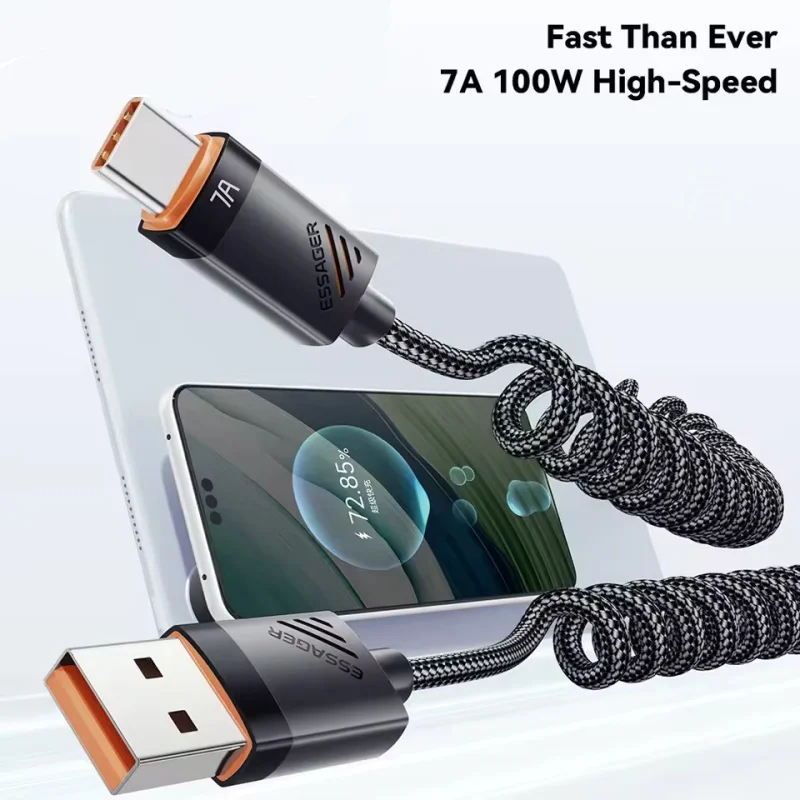 100W 7A USB Type C Car Spring Data Cable PD Fast Charging Cable Data Wire For iPhone 17 16 Pro iPad Macbook Xiaomi Redmi Samsung