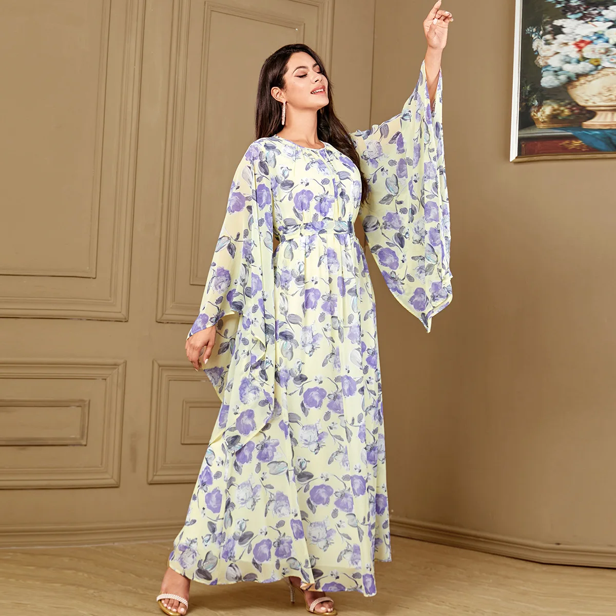 

Eid Muslim Women Dresses Sashes Jalabiya Abaya Flower Print Ramadan Dubai Abayas Islam Party Vestidos Arab Robe Morocco Kaftan