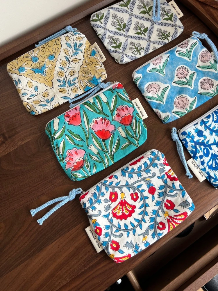 Printed Cotton Mini Coin Purse, Portable Small Storage Pouch for Earphones Lipsticks and Tiny Accessories