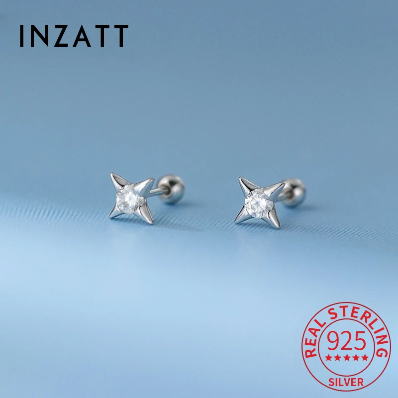 

INZATT Real 925 Sterling Silver Sparkling Zircon Star 18K Gold Stud Earrings for Women Cute Fine Jewelry Advanced Accessories