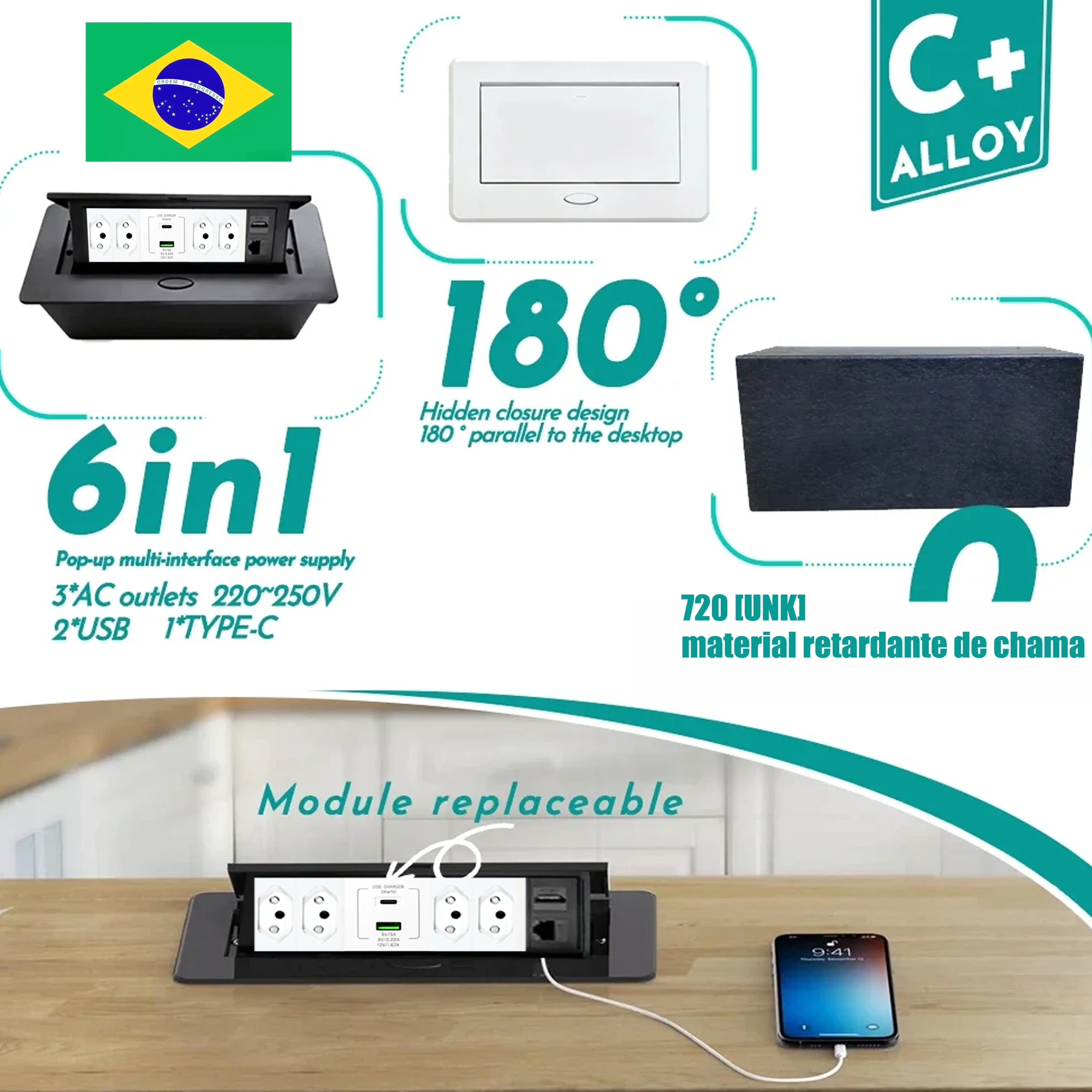 FUNAYA Brazil Pop Up Desktop BR Socket Built-in Table Outlet with USB-A C Countertop Ethernet RJ45 HDMI Recessed Hidden Socket