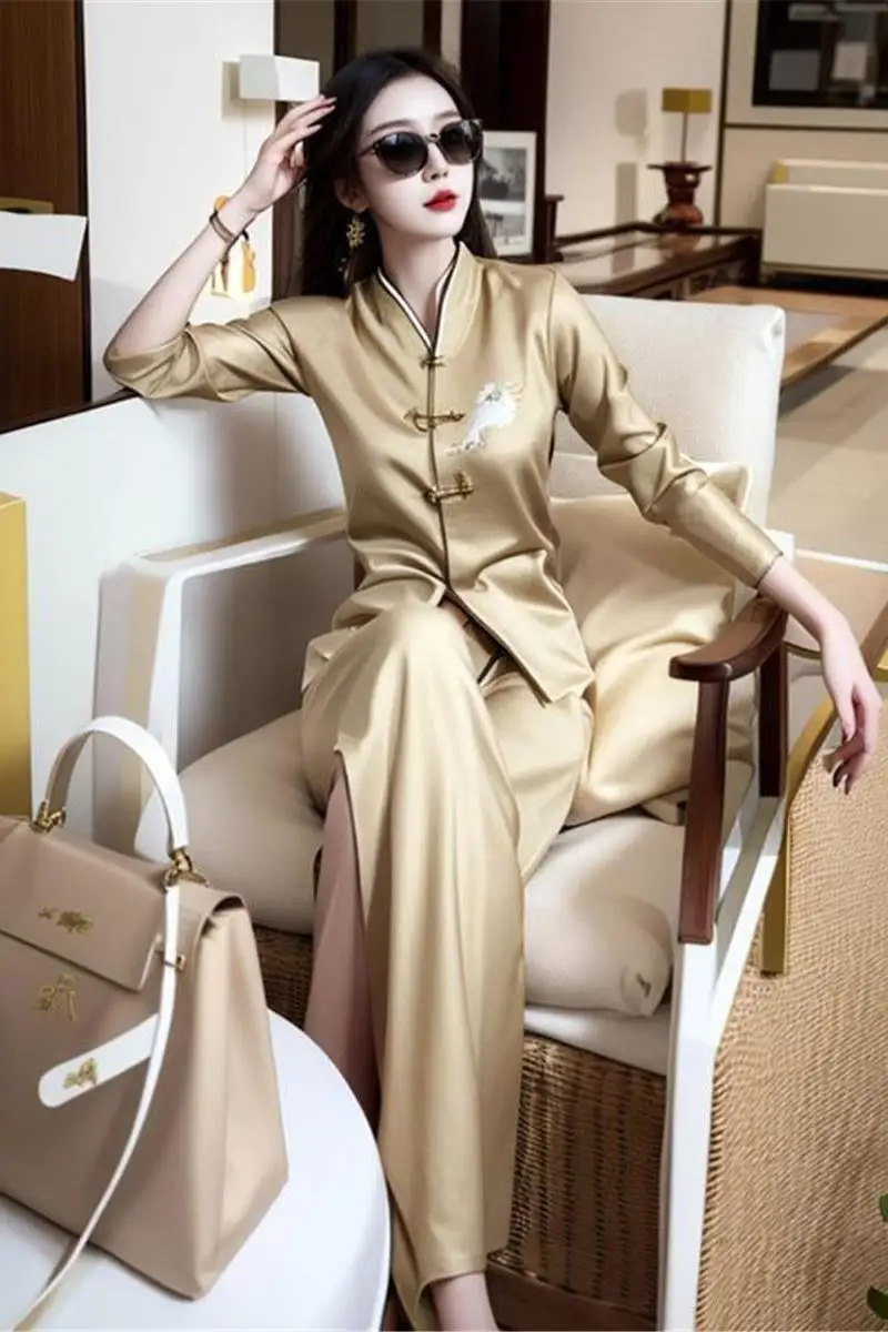 

Женский костюм, элегантная светская блузка в китайском стиле, топ, высококачественные широкие брюки абрикосового цвета, потрясающий комплект из двух предметов, женская одежда