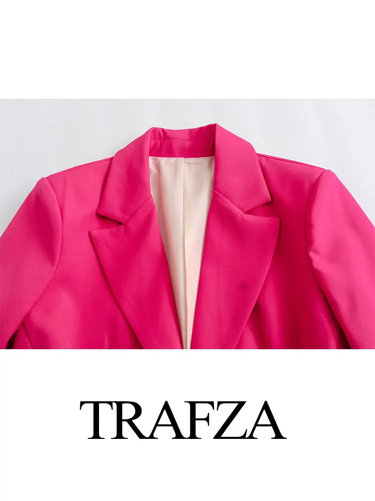 TRAFZA Fashion Elegant Pants Set For Women 2024 Spring Quilted Long Sleeves Blazer Coats+High Waist Straight Pants Rose Red Suit