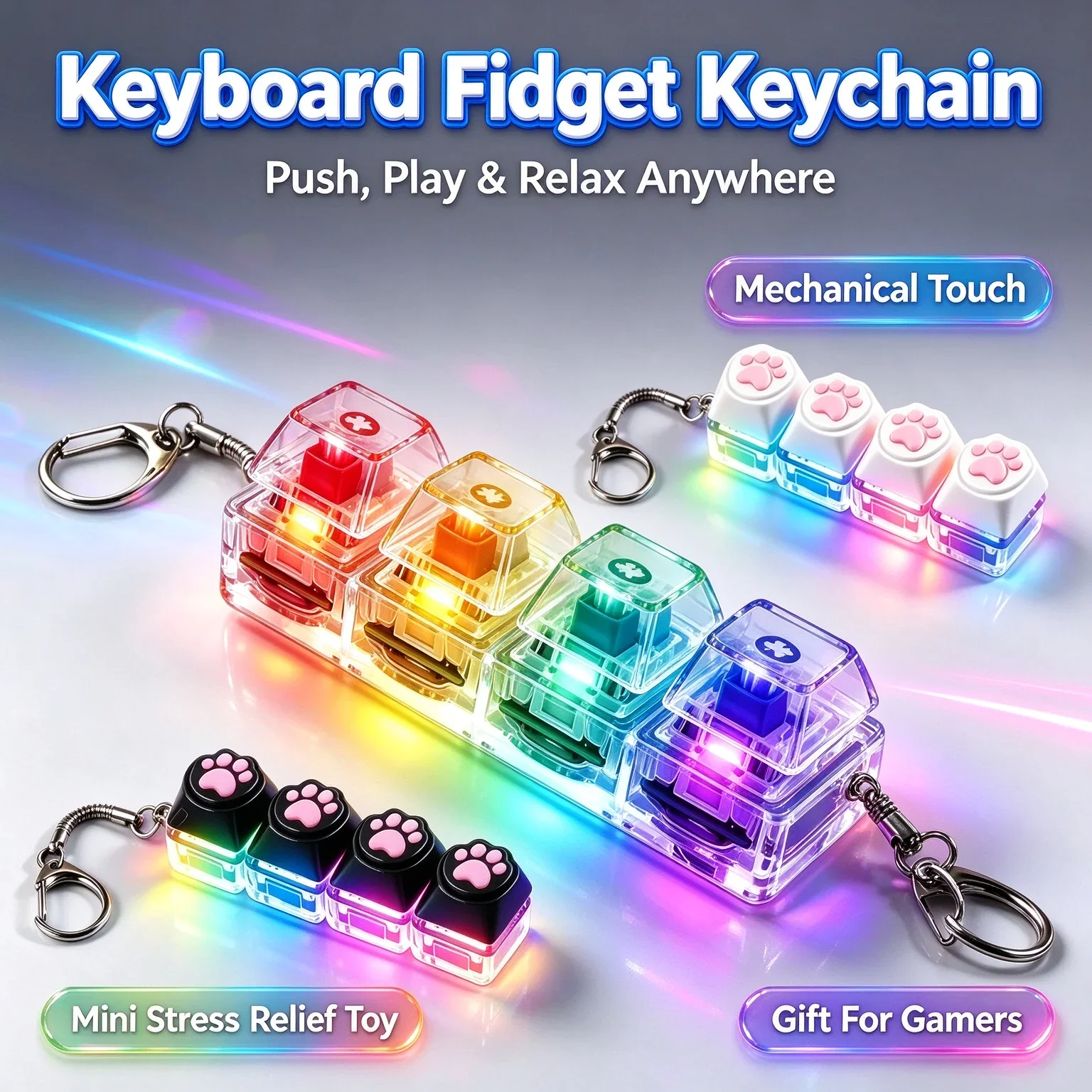 HOT Cat LED Keyboard Keychain Fidget Toy - Clickable Buttons Stress Relief, Portable Desk key Accessory Pendant Decor Gift