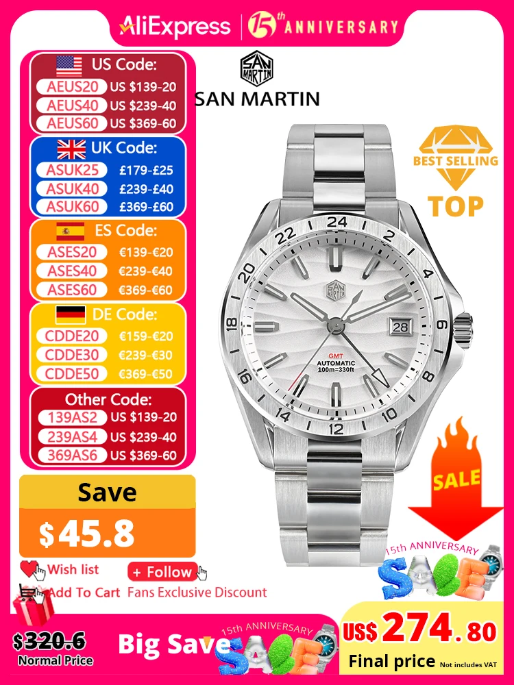 San Martin New 39mm Desert Texture Luxury Men Business Dress GMT Watch NH34 Automatic Mechanical Waterproof 100m Luminous SN0129