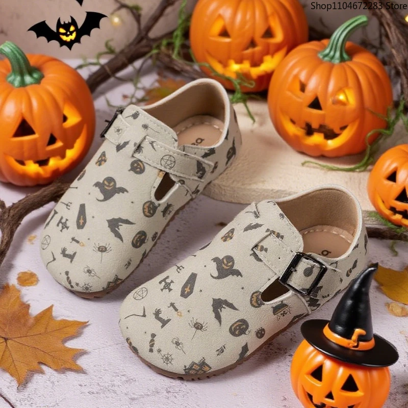 

Halloween Pumpkin Girls' Flat Shoes Fashion Cartoon Floral Pattern Kids Leather Shoe AutumnNewVersatile Causal Shoes Soft Bottom