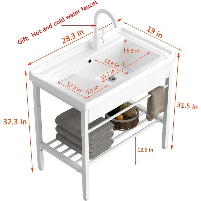 Freestanding Laundry Sink, Ceramic Utility Sink with Washboard and Faucet, Laundry Tub,  28.3