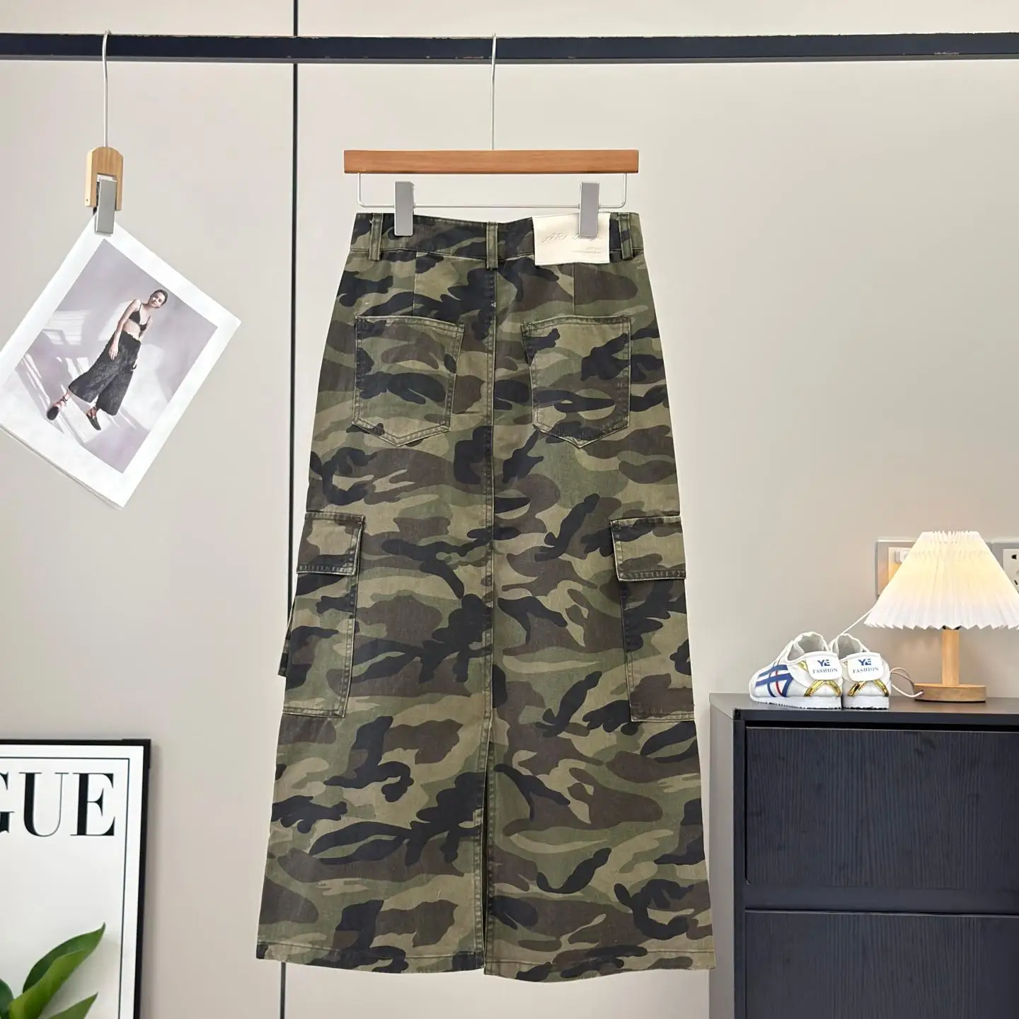 American Retro Work Skirt Spring Summer Multi Pocket Camouflage A-Line Midi Length Denim Half Skirt High Waist Cotton Straigh...