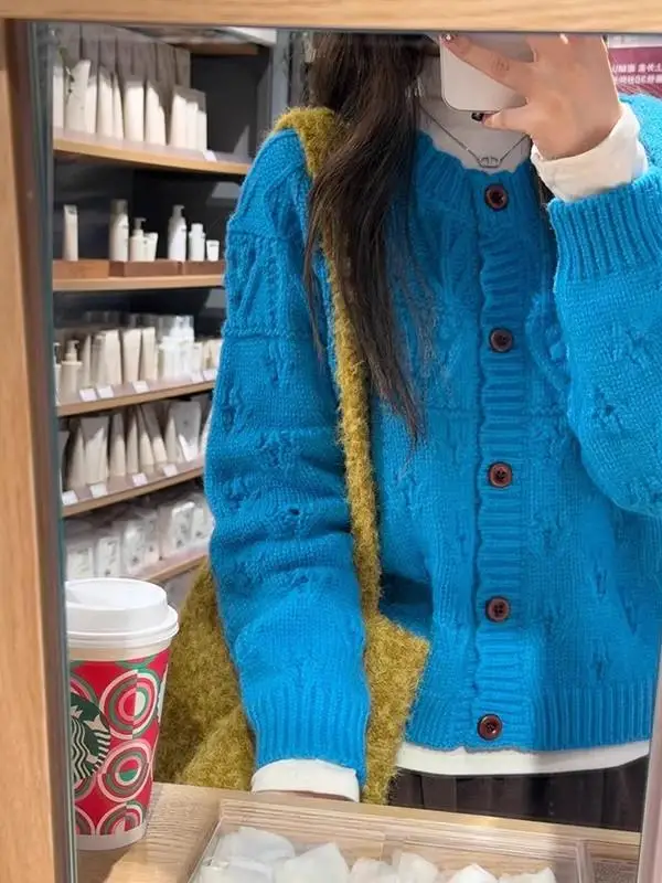 Korean Style Soft Klein Blue Knitted Short Coat Women's Loose Fit Sweater Cardigan Autumn Winter High End Feel Casual Wear