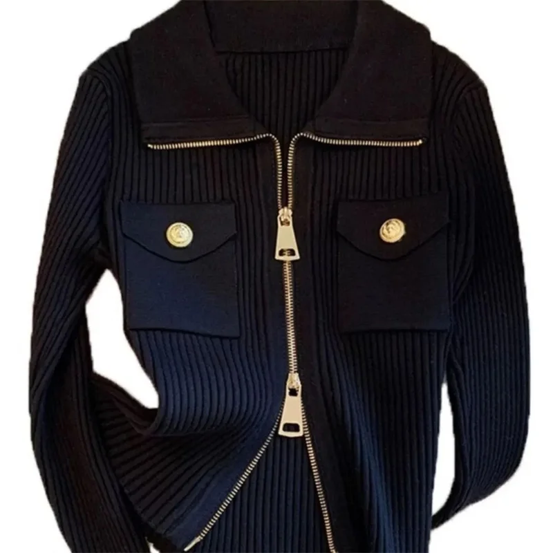French Style Niche Temperament Polo Collar Blue Knitted Cardigan Autumn Women New Personalized Flesh Blocking Ins Zipper Jacket