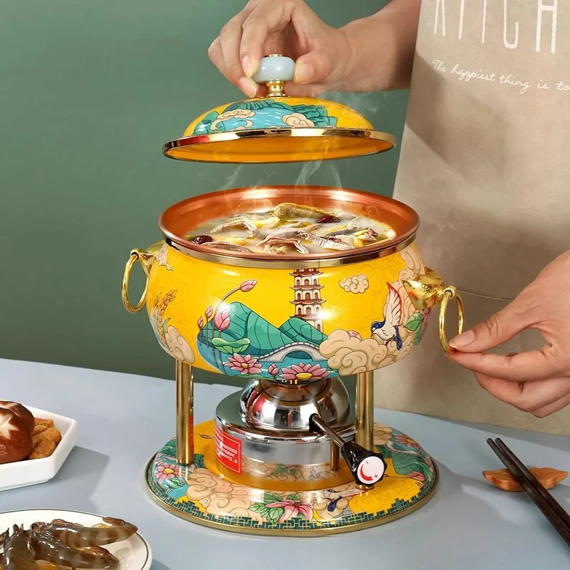 Enamel color single small hot pot one person one pot inflatable copper hot pot alcohol stove