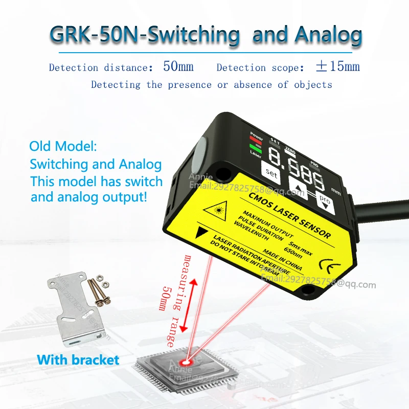 Meetafstand 50 mm Schakeluitgang NPN IP67 CMOS Detecteer overlap van loodframes Laserverplaatsingssensor