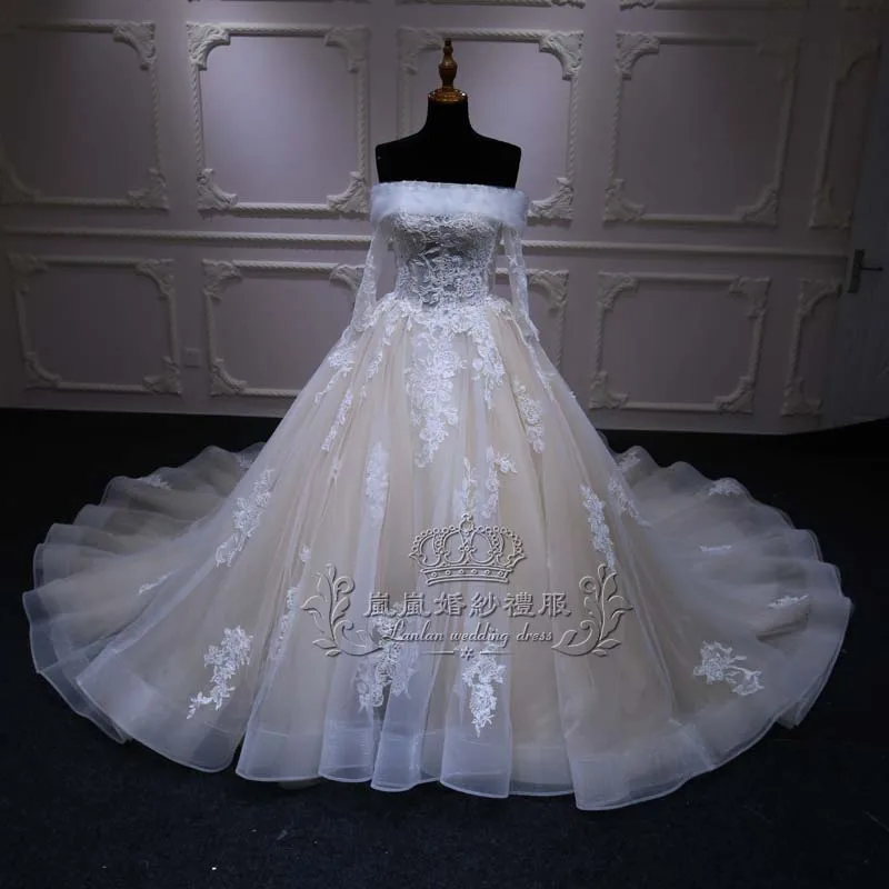 2024 New One Word Shoulder White Long Sleeve A Pendulum Large Trailing Bride Wedding Dress