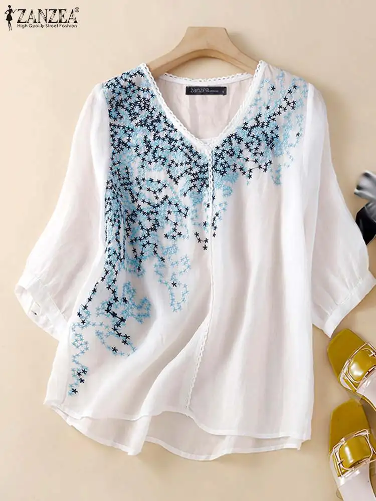 ZANZEA Retro V-neck T Shirt for Women 2024 Summer Short Sleeve Tops Solid White Floral Embroidery Blouse Casual Loose Blusas