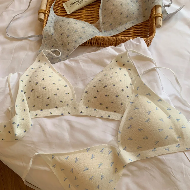 Bra with a Fresh Small Floral Triangle Cup, Women's Small Chest Push-Up, Pretty Back, Comfortable and Breathable Underwear