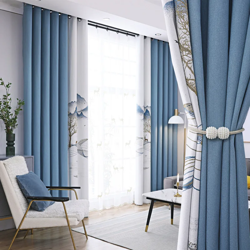 

New Chinese style imitation cashmere stitching curtain Nordic modern minimalist bedroom living room thickening blackout curtain