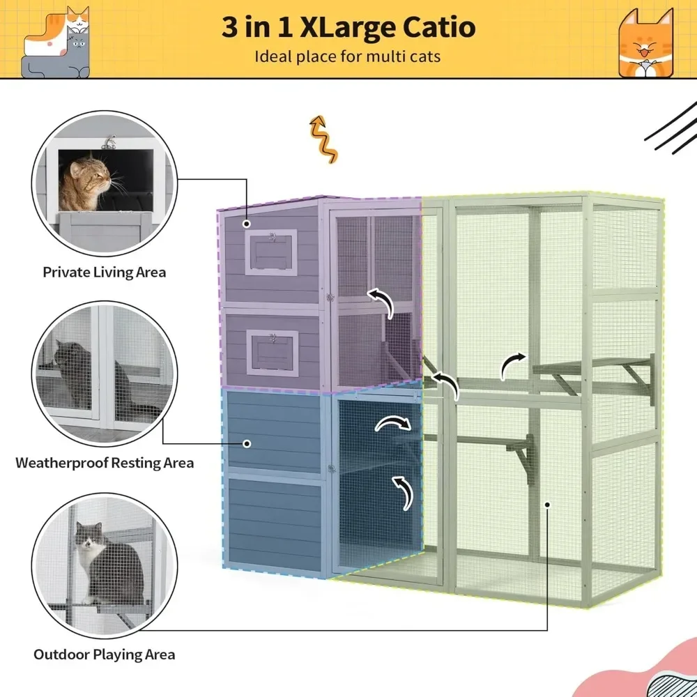 Large Wood Cat Catio, Outdoor Cat Enclosure with Weatherproof Roof, 2 Resting Rooms, 2 Platforms, 4-Tier Cat Playpen