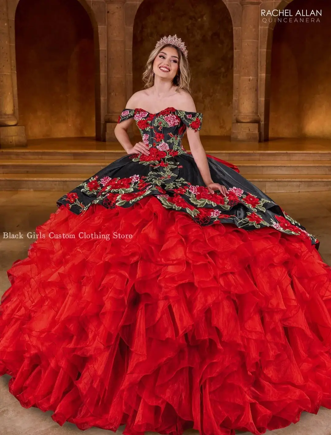 Mexican Princess Quinceanera Dresses Red Strapless Poncho 3D Floral Embroidered Boned Bodice Lace Ruffles Bow Tie فساتين سهره