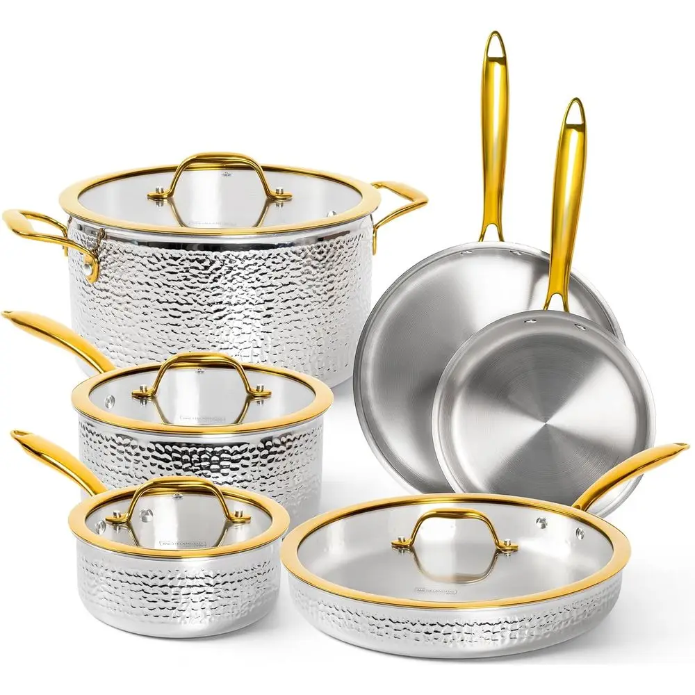 

Набор посуды из 10 предметов из нержавеющей стали с кованой поверхностью и крышками, премиум-качество, подходит для индукционных плит, можно использовать в духовке