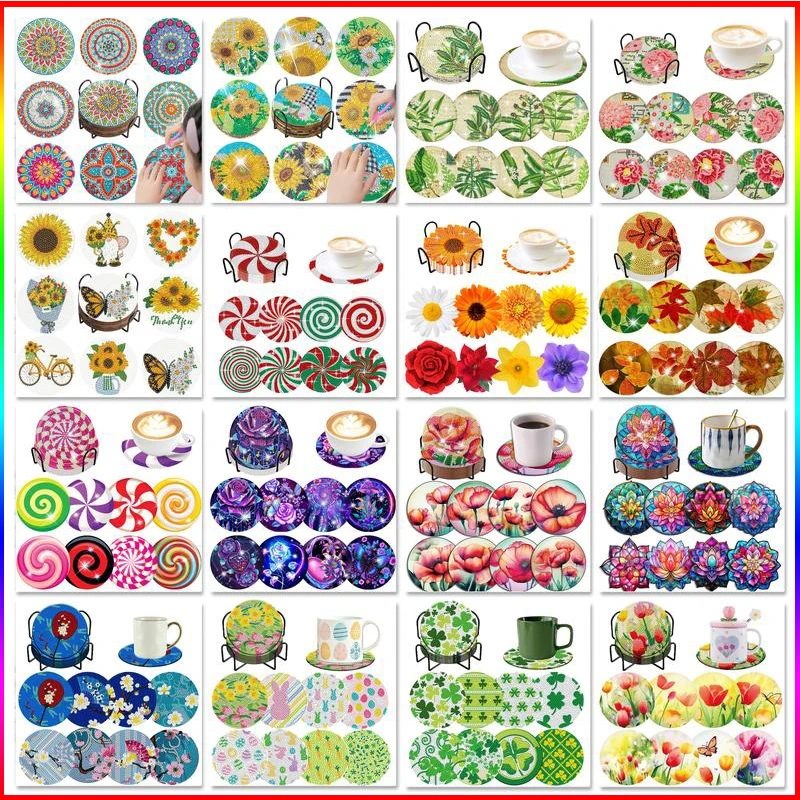 8pcs DIY Diamond Painting Coasters Diy Flower Series Drink Cup Cushion Strong Adhesion Diamond Art Kits For Crafts Decor