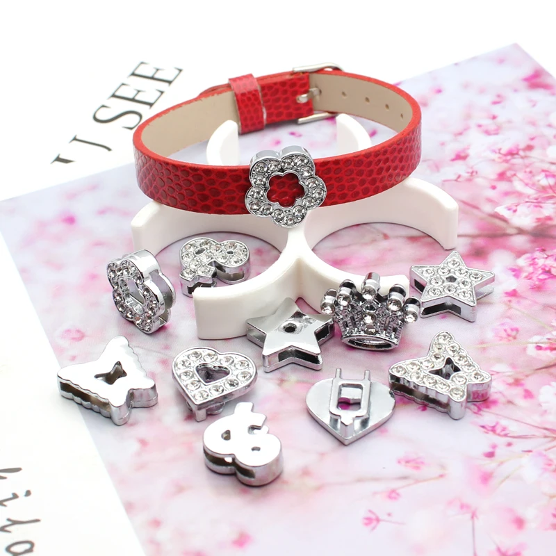 Pulsera con dijes deslizantes de diamantes de imitación, 10 piezas, 10mm, estrellas, corazón, flor, se adapta a collares de mascotas, pulseras,