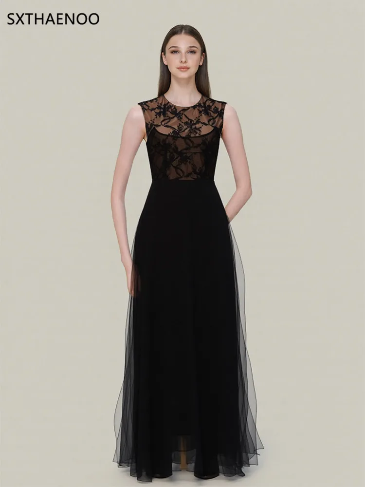 

SXTHAENOO Черное свободное платье с кружевными вставками для женщин, с воротником-стойкой, без рукавов, винтажное, элегантное, летнее, модное