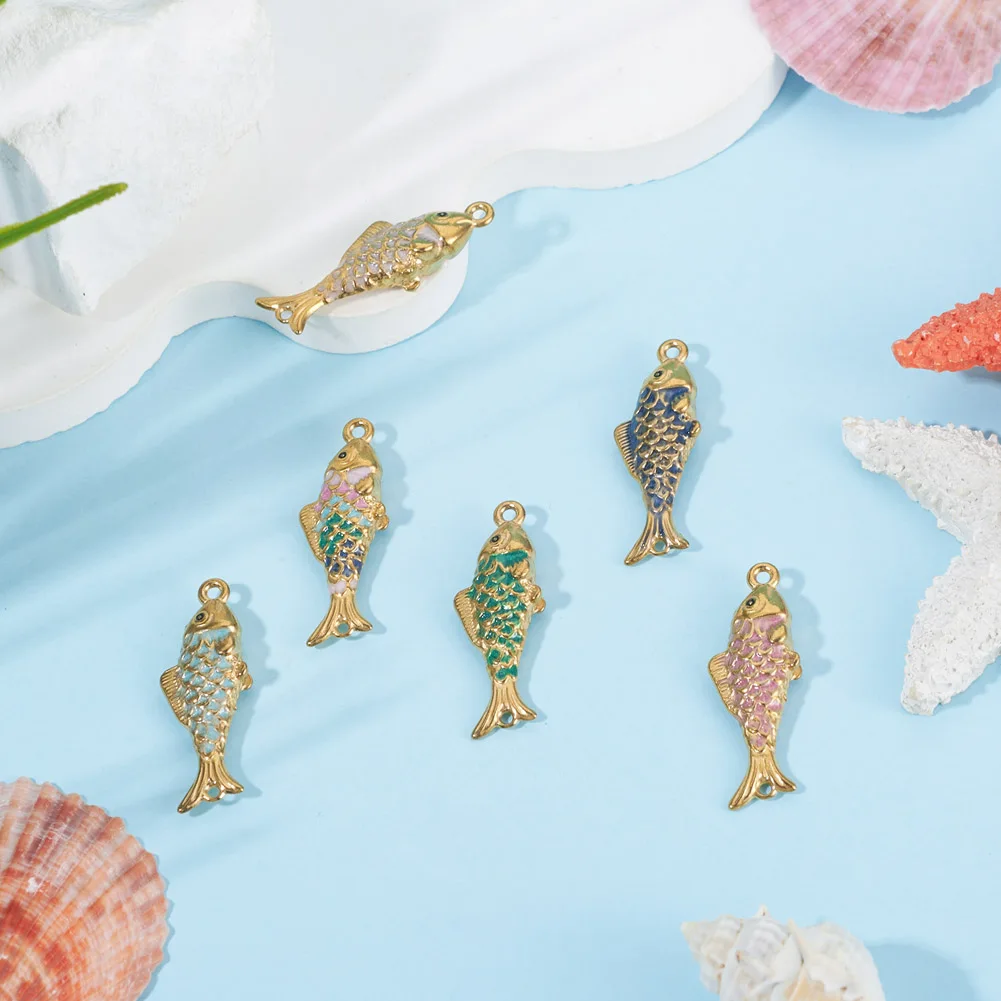 6Pcs 304 Stainless Steel Ocean Jewelry Charms Enamel Fish Connector Charms For DIY Necklace Making Findings view 4