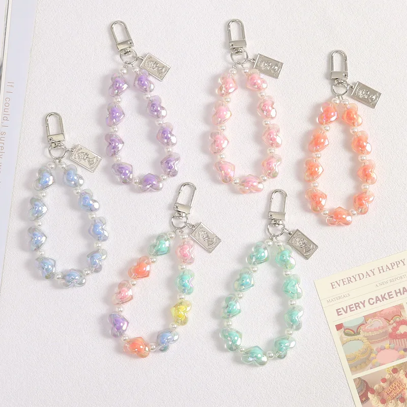 Korean Heart String Beads Keychain Colorful Bead Pendant Accessory Lovers Friendship Charms Key Ring for Phone Purse Decor Women