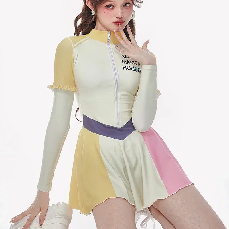 Cute Long Sleeve Rash Guard Women Patchwork One Piece Swimsuit Dress Zipper Swimwear Surfing Suit High Neck Diving Clothes