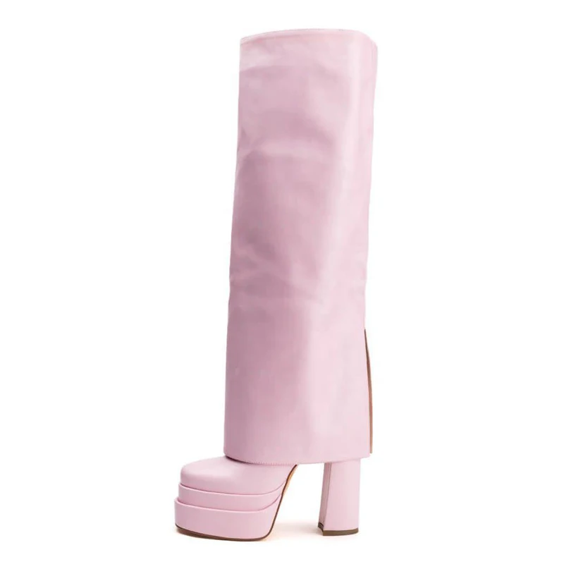 

Heeled Thick Platform Shoes Women High Knee High Winter Boots Fold Over Square Toe Slip On Long Booties