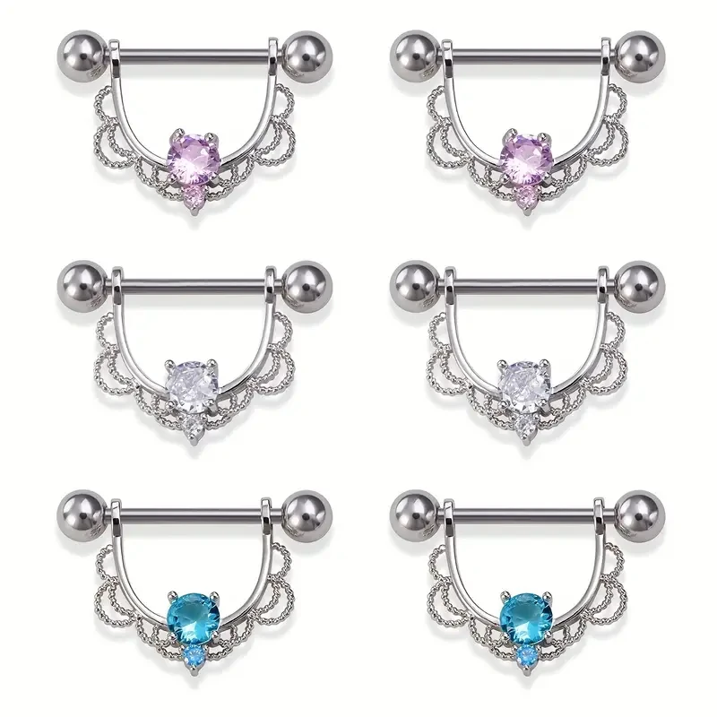 2pcs U-shaped Cubic Zirconia Nipple Rings 14G Stainless Steel Straight Barbell Heart Nipple Piercings Women Sexy Body Jewelry
