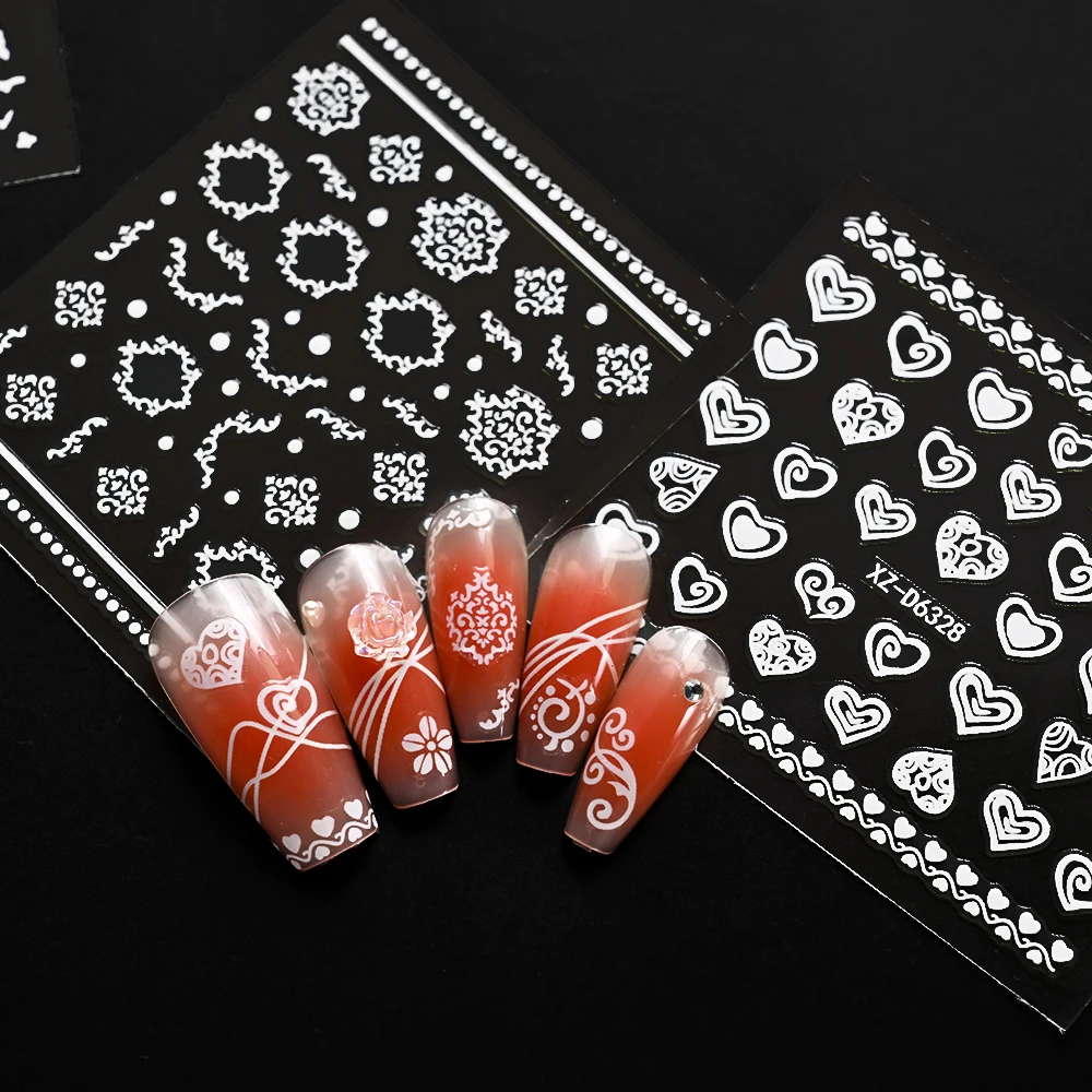 30 個 3D ホワイトフレンチフラワーリーフネイルステッカー愛、スター、幾何学ライン自己粘着ネイルデカールレトロウェディング DIY スライダー &