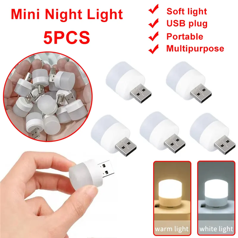 5pcs Mini USB Plug Lamp LED Night Light Eye Protection Reading Lamp Computer Mobile Power Charging USB Small Round Night Light