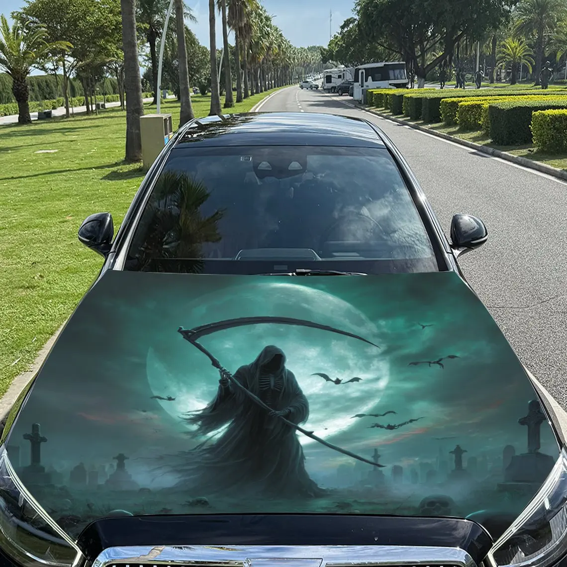 

Cemetery Sickle Shadow Reaper Print car hood stickers, waterproof self-adhesive, scratch resistant, easy to stick, durable car P