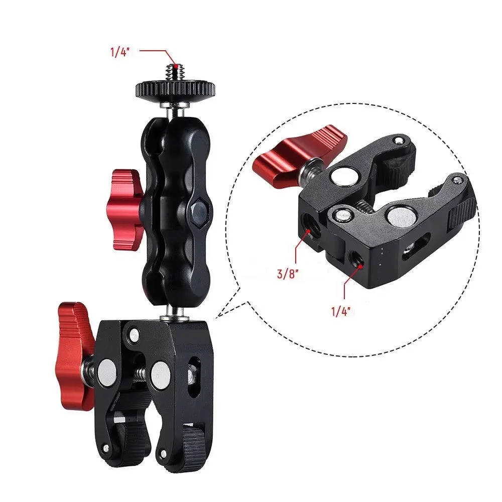 Super Clamp Camera Clamp Mount Monitor 360° Ballhead Magic Arm Double Ball Head Adapter for DSLR Camera/Gopro/LED Lights/phone