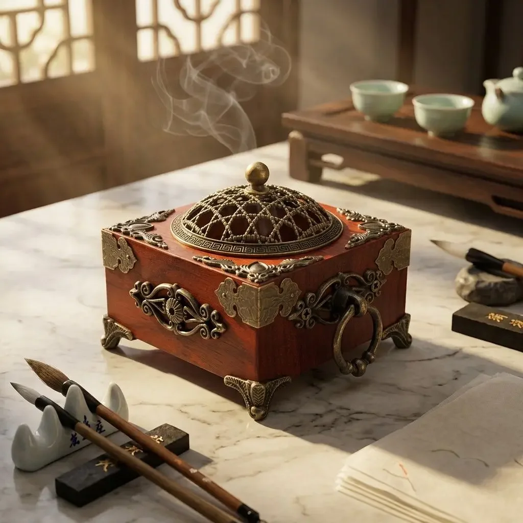 Retro Solid Wood Incense Holder with Cover, Zen Tea Culture Design, Indoor Sandalwood Agarwood Aroma Furnace for Home