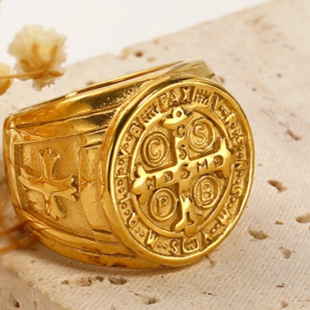 Vintage Heiliger Benedikt Kreuzring Modischer Edelstahl Bibel-Talisman Ringe Schmuck