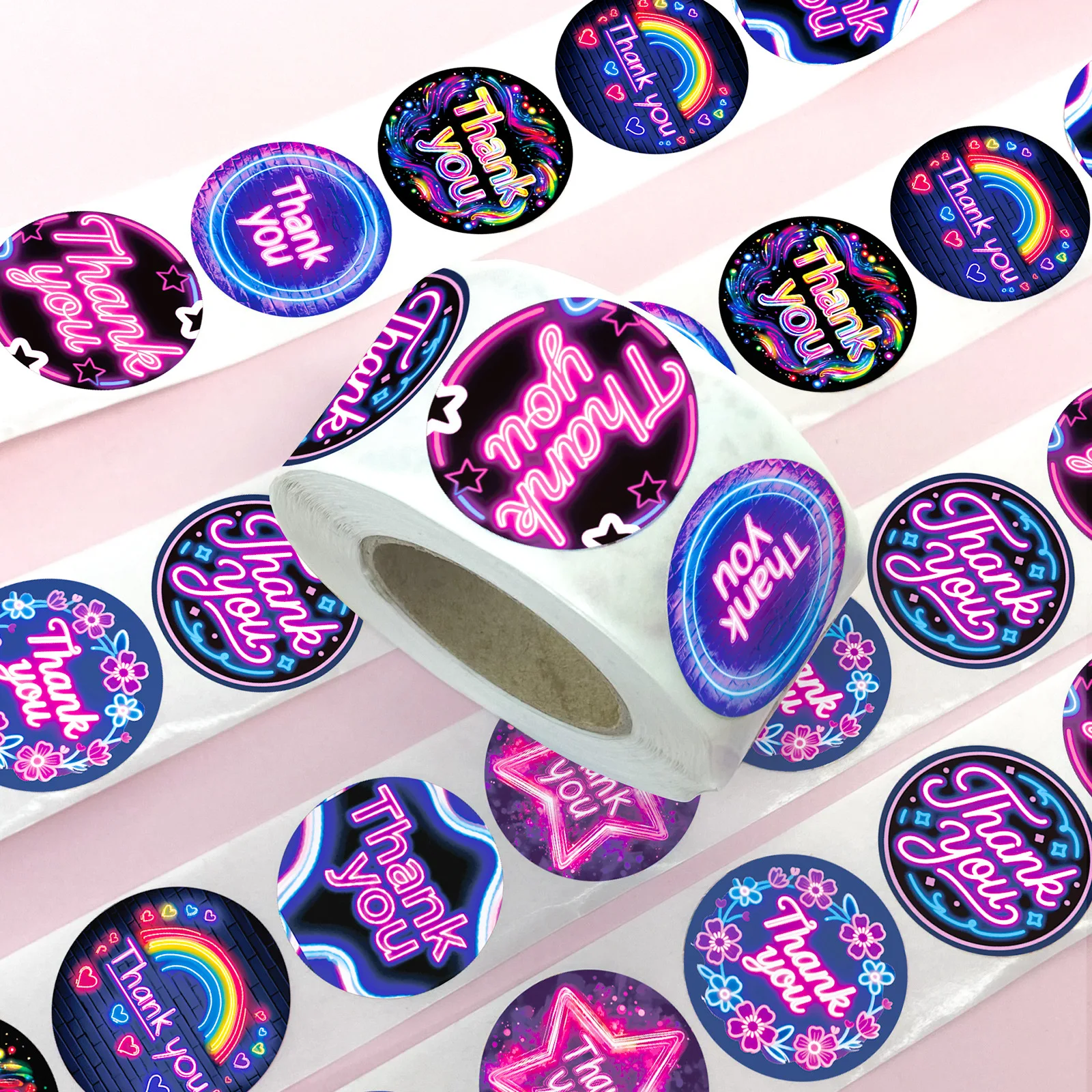 

500pcs/Roll Neon Lights in English Thankyou Sealing Stickers DIY PVC Laptop Decals Decoration Reward Gift Toy